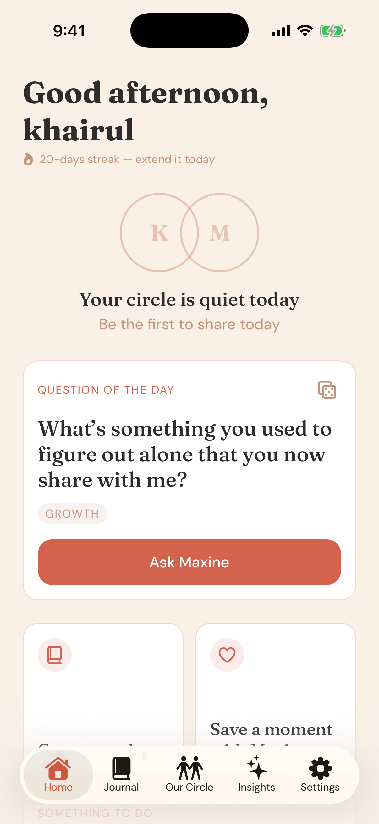 Our Circle Home screen with the daily question, streak, and a prompt to check in
