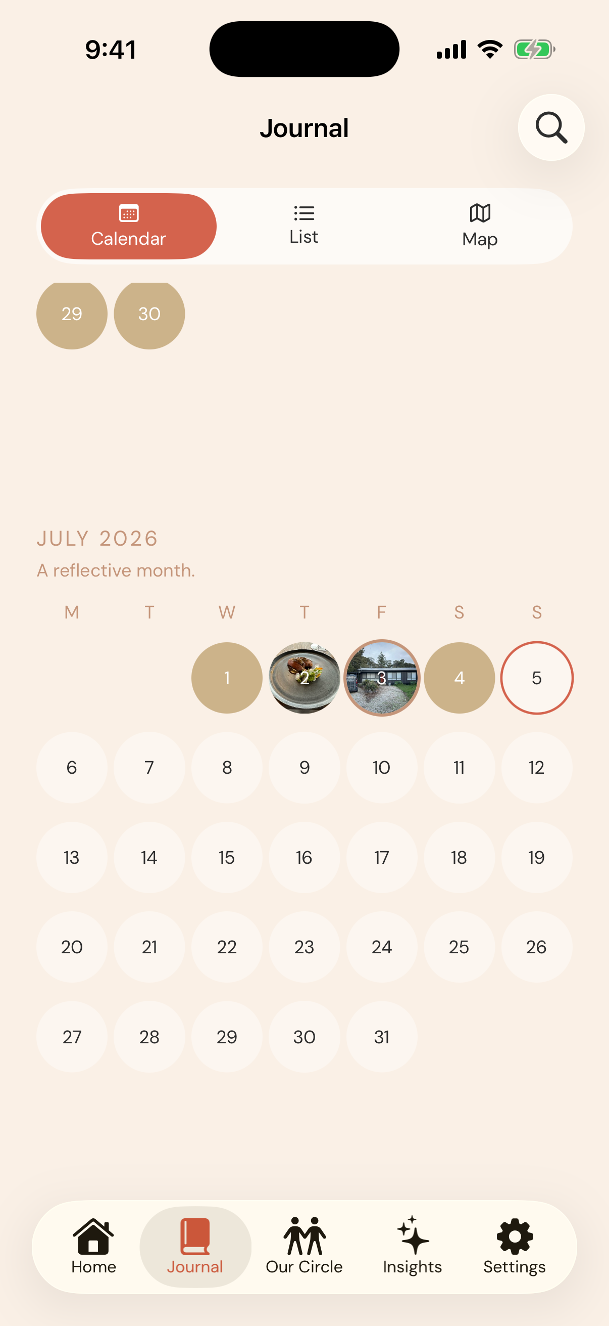 Our Circle Journal calendar of shared moments across the month